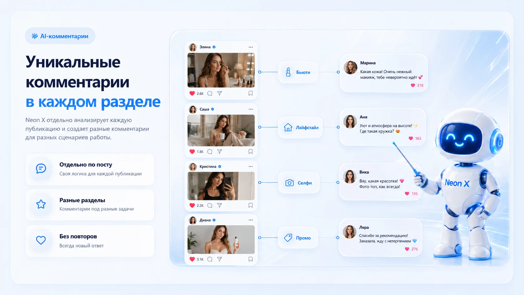 Уникальные AI-комментарии для разных разделов контента