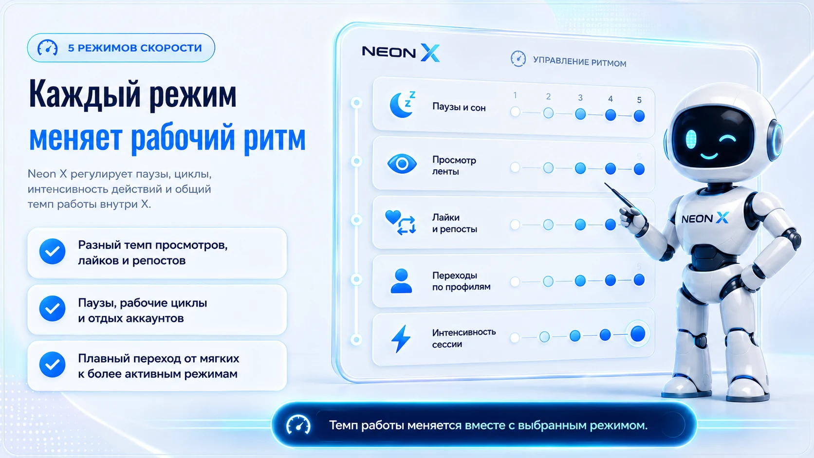 Каждый режим скорости меняет рабочий ритм в Neon X